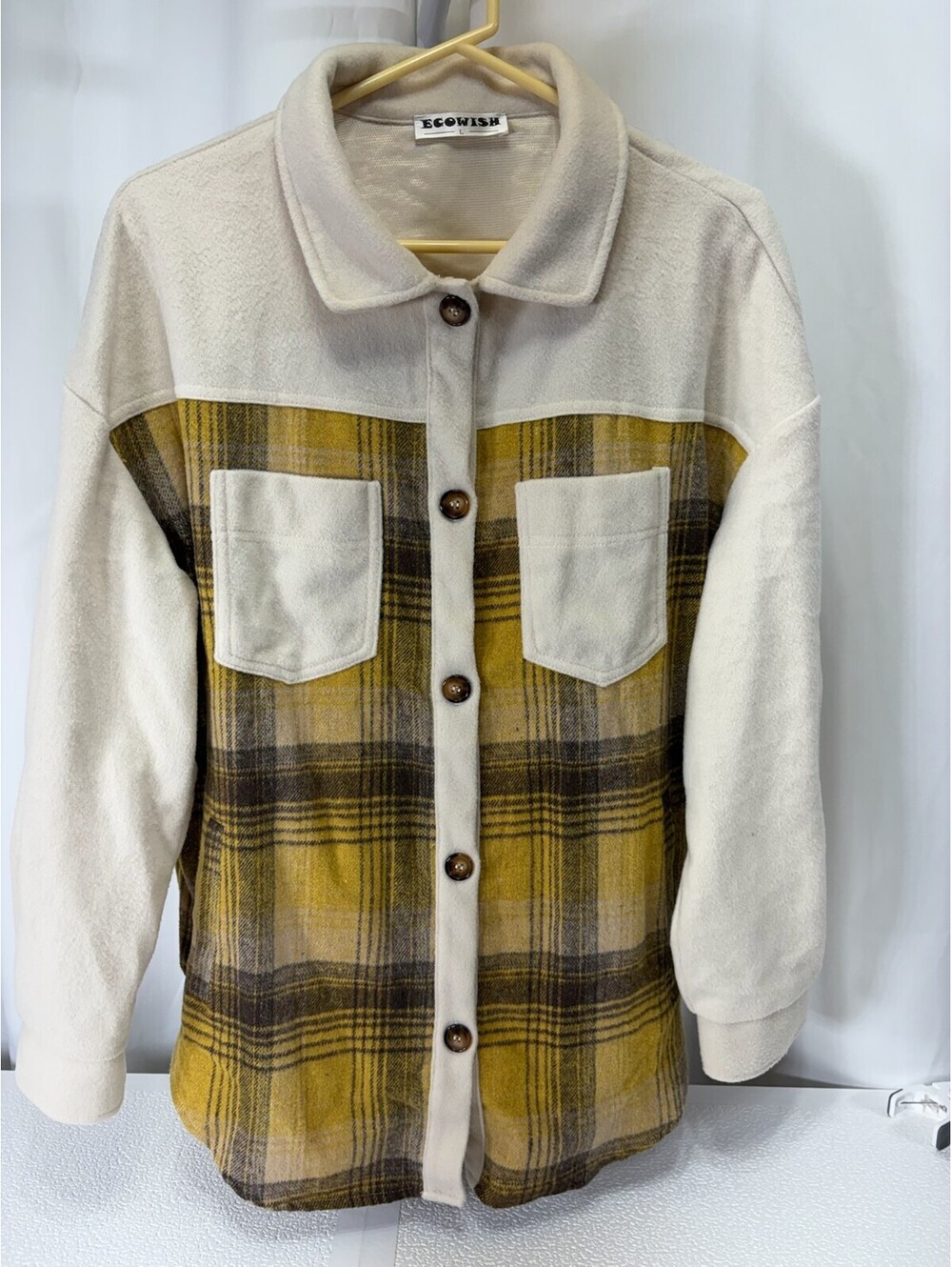 Ecowish Women's Yellow Plaid Button-Up Shirt Jacket, Size L 287D